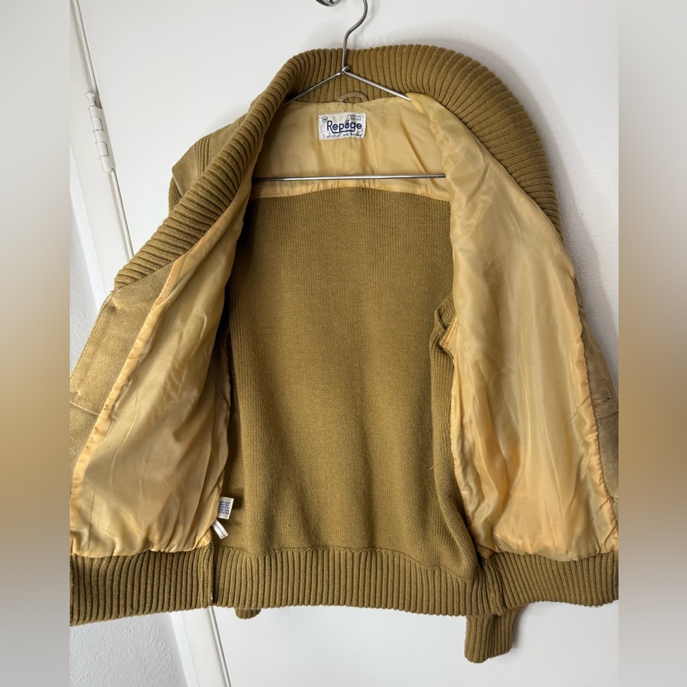 Vintage men’s Repage mustard, leather & knit, shawl neck, button-down cardigan M - Picture 5 of 7